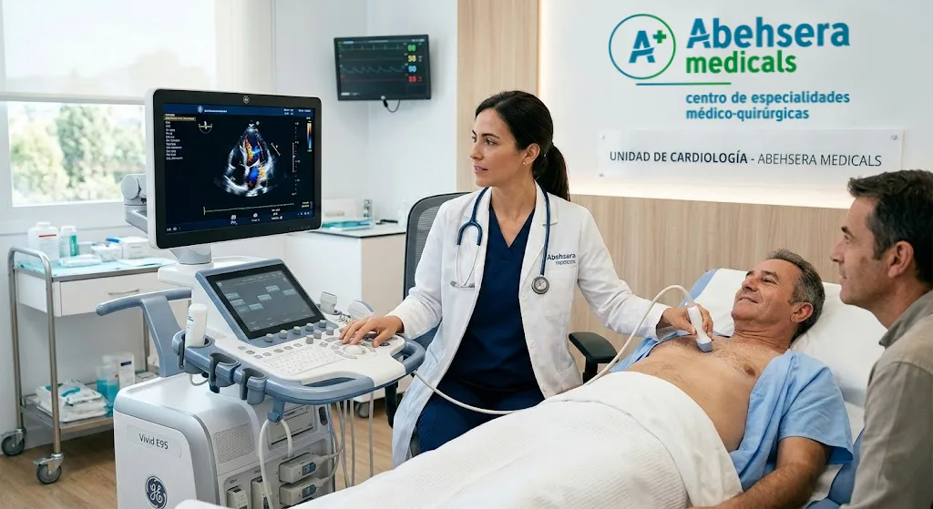 Doctora realizando una ecocardiografía avanzada en la Unidad de Cardiología de Abehsera Medicals en Málaga